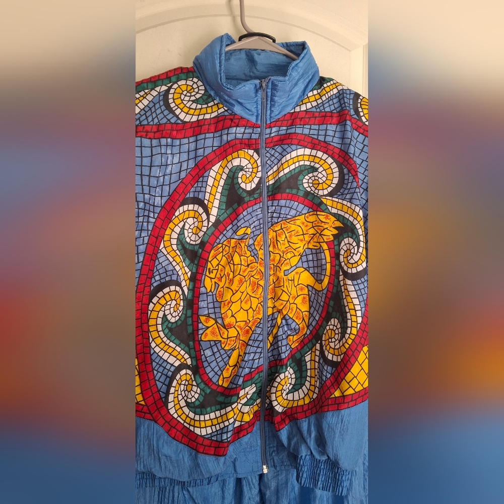 Vintage 80s Gallery Sport Mosaic Griffin Lion Full Zip Windbreaker Set Mens Sz M - Picture 3 of 16